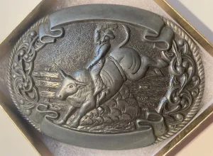 Vintage Metal Belt Buckle, Bull Riding, Rodeo, Nice Design, 4" x 2 3/4", Heavy Duty, Quality, Thick Metal, Made in USA, For Belts, Fashion