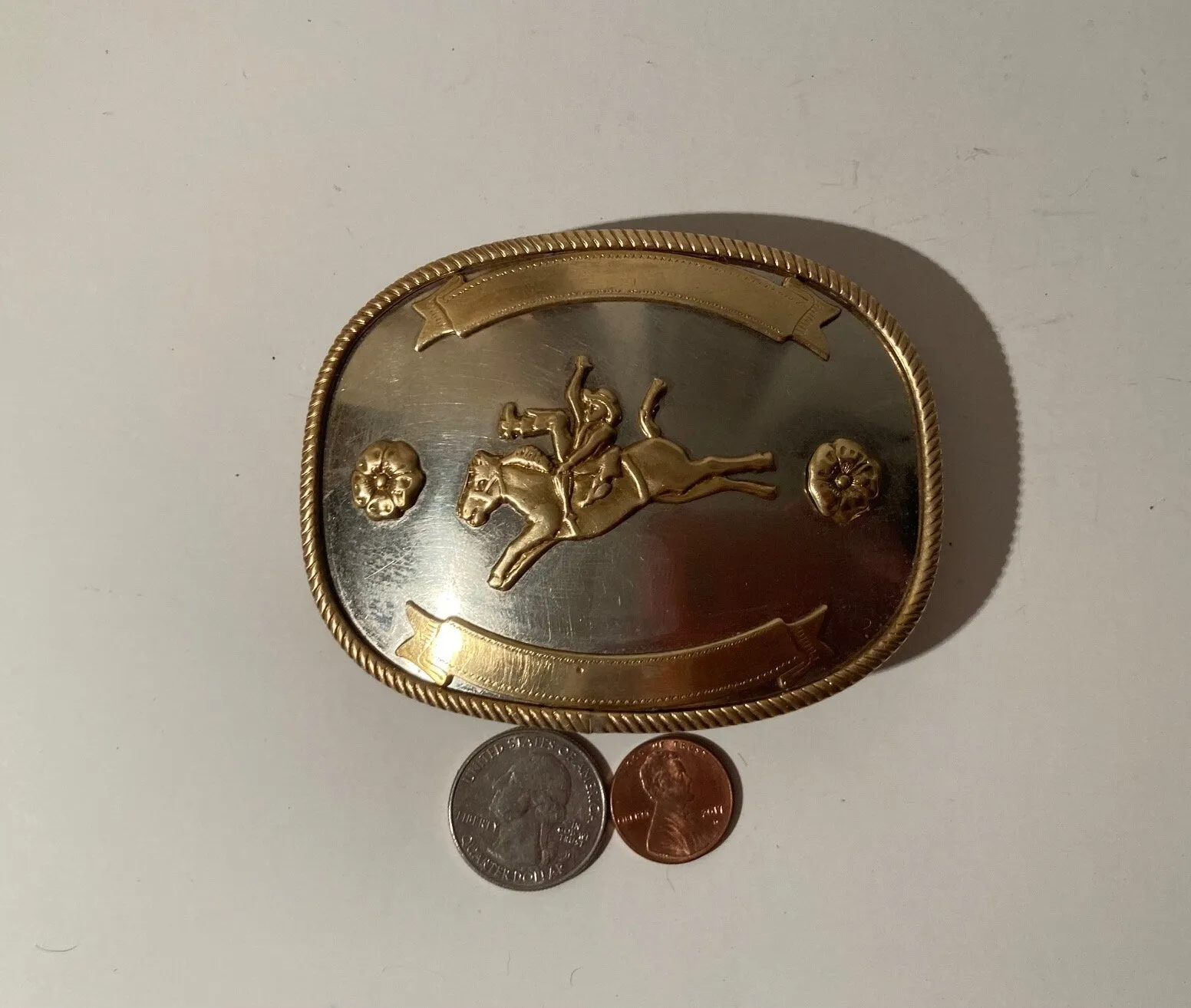 Vintage Metal Belt Buckle, German Silver and Brass, Bronco Busting, Horse Breaking,  Nice Western Design, 3 3/4" x 3", Heavy Duty