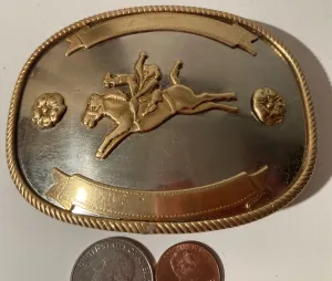 Vintage Metal Belt Buckle, German Silver and Brass, Bronco Busting, Horse Breaking,  Nice Western Design, 3 3/4" x 3", Heavy Duty