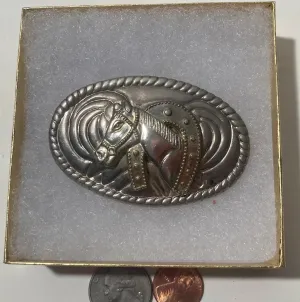 Vintage Metal Belt Buckle, Horse and Horseshoe, Nice Design, 2 3/4" x 1 3/4", Heavy Duty, Quality, Made in USA, Thick Metal, For Belts