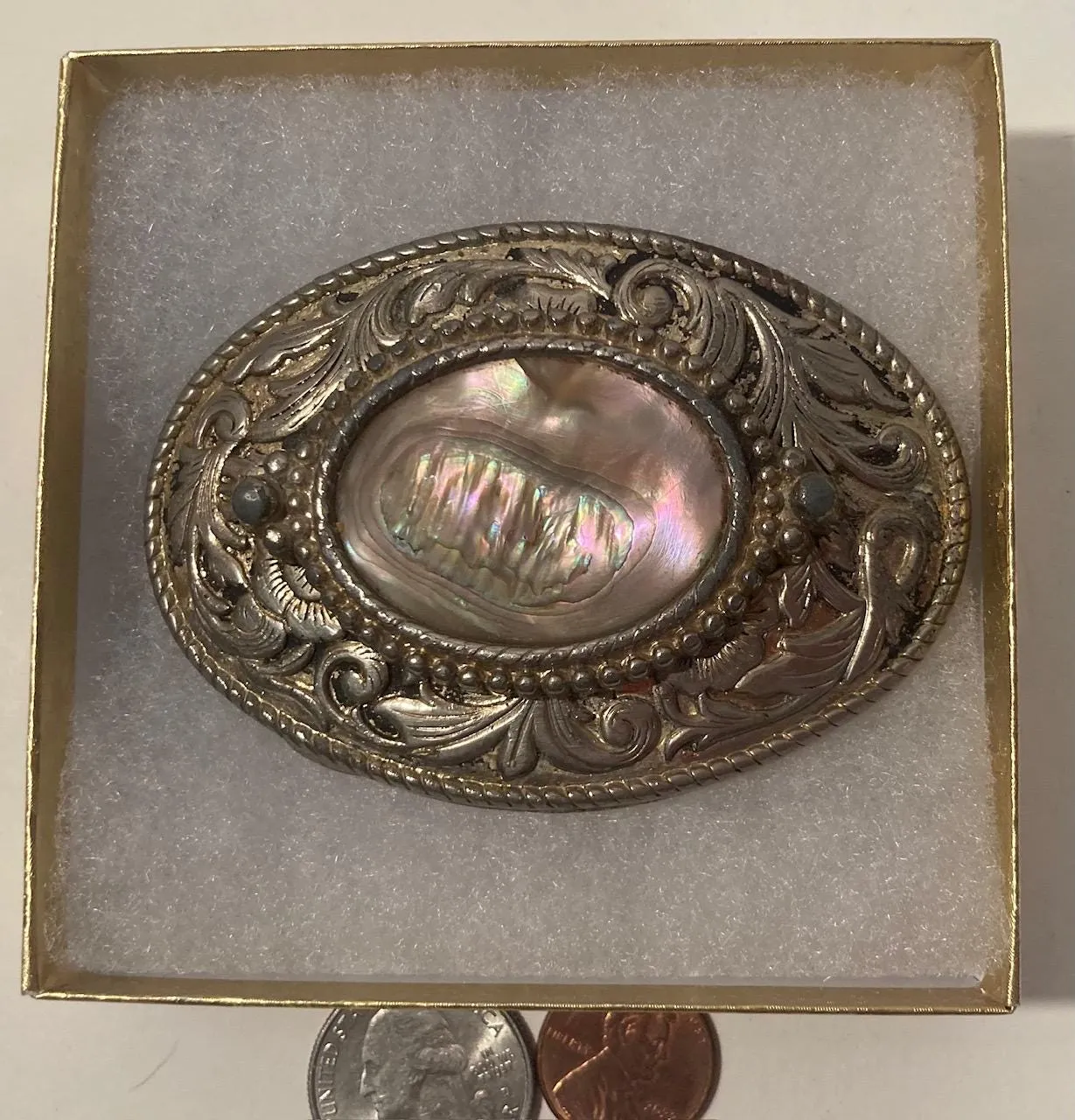 Vintage Metal Belt Buckle, Nice Abalone Design, Heavy Duty, Quality, Thick Metal, 3 1/4" x 2 1/4", Made in USA, For Belts, Fashion