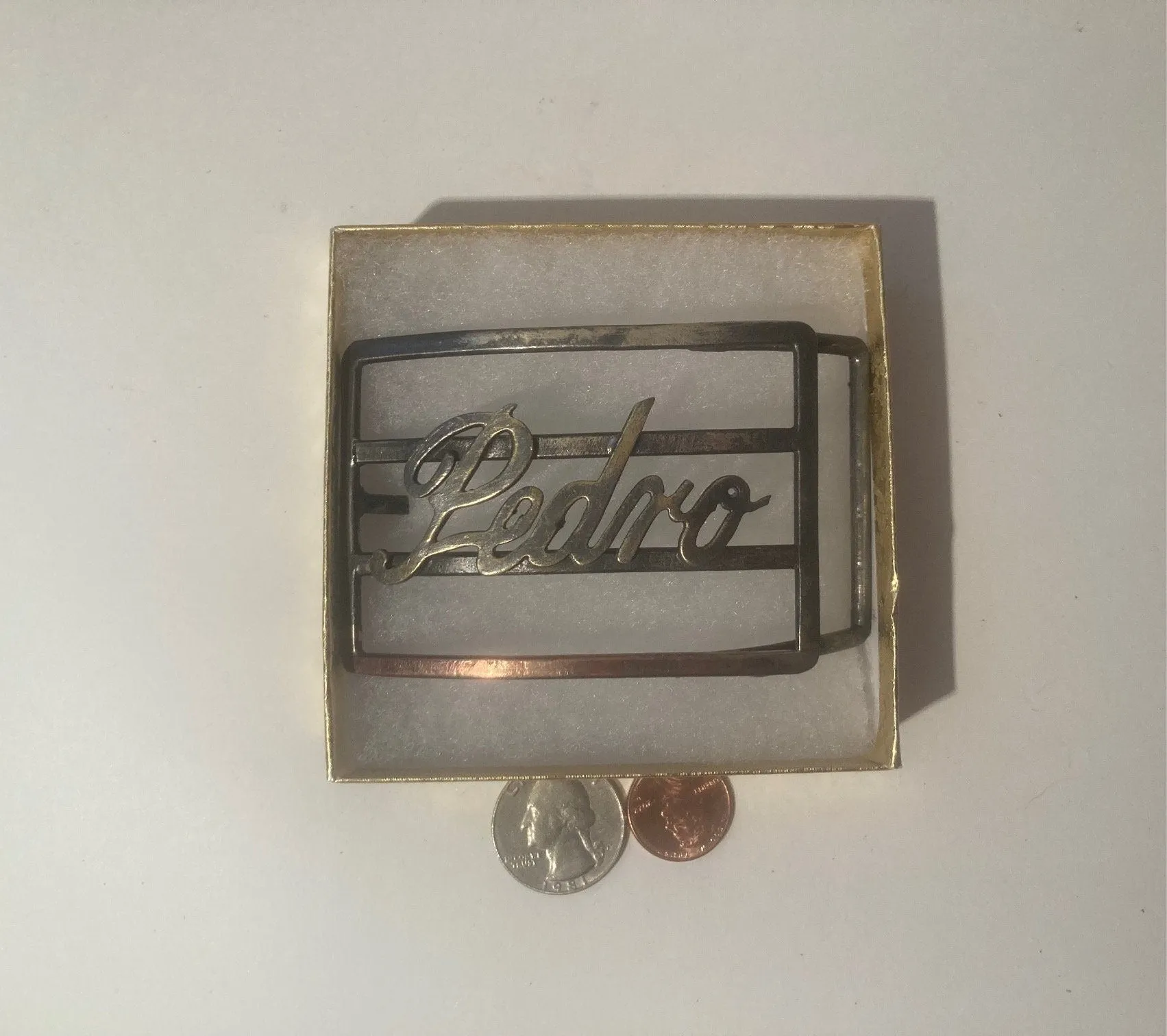 Vintage Metal Belt Buckle, Pedro, Nice Western Design, 3" x 2 1/4", Heavy Duty, Quality, Thick Metal, Made in USA, For Belts, Fashion