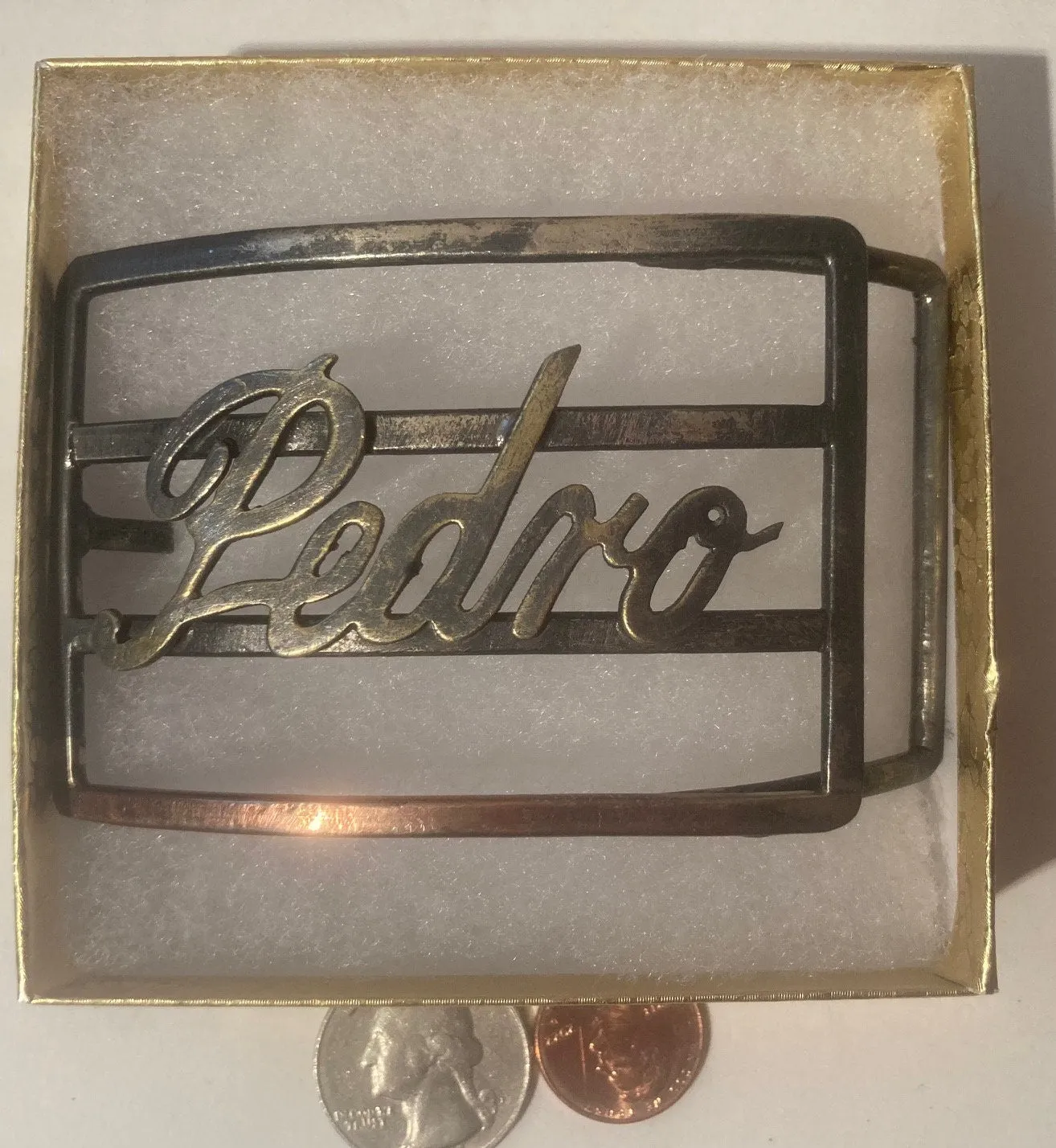 Vintage Metal Belt Buckle, Pedro, Nice Western Design, 3" x 2 1/4", Heavy Duty, Quality, Thick Metal, Made in USA, For Belts, Fashion