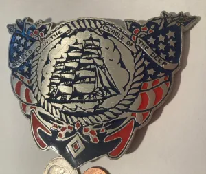 Vintage Metal Belt Buckle, Sailor Jerry, Rocked In The Cradle Of The Deep, Ship, Boat, Nautical, Nice Design, 4 1/2" x 3", Heavy Duty