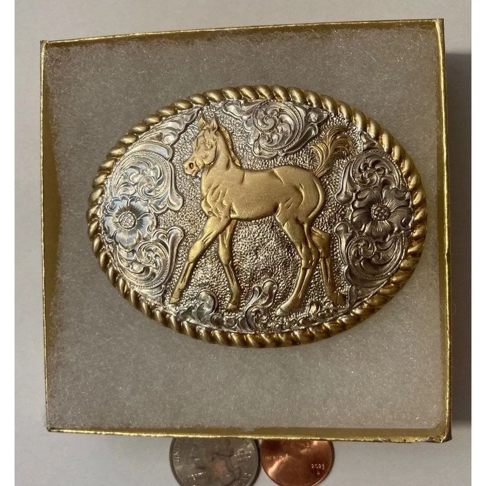 Vintage Metal Belt Buckle, Silver and Brass, Crumrine, Nice Horse, Pony, N