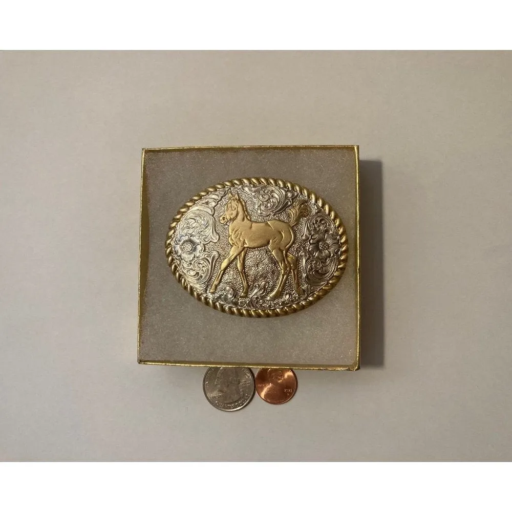 Vintage Metal Belt Buckle, Silver and Brass, Crumrine, Nice Horse, Pony, N