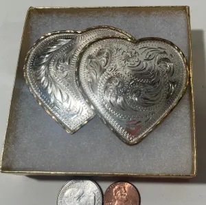 Vintage Metal Belt Buckle, Silver and Brass, Double Hearts, Nice Western Design, 3 1/2&quot; x 2 1/2&quot;, Heavy Duty, Made in USA, Quality