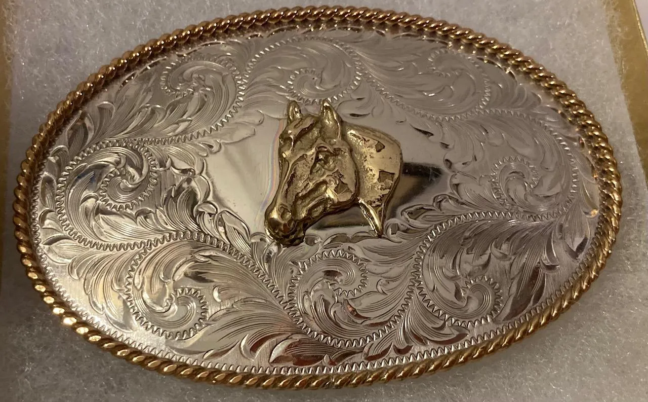 Vintage Metal Belt Buckle, Silver and Brass, Montana Silversmiths, Horse Head, Rodeo, Nice Western Design, 3 1/4" x 2 1/4", Heavy Duty