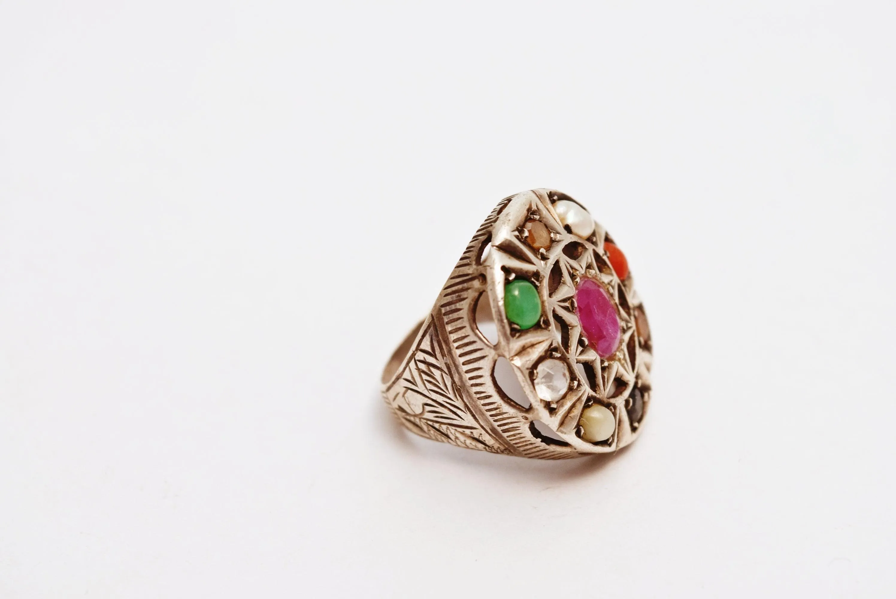 Vintage Middle East Multi Gem Silver Ring