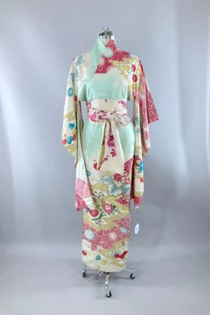 Vintage Mint Green & Pink Shibori Silk Kimono