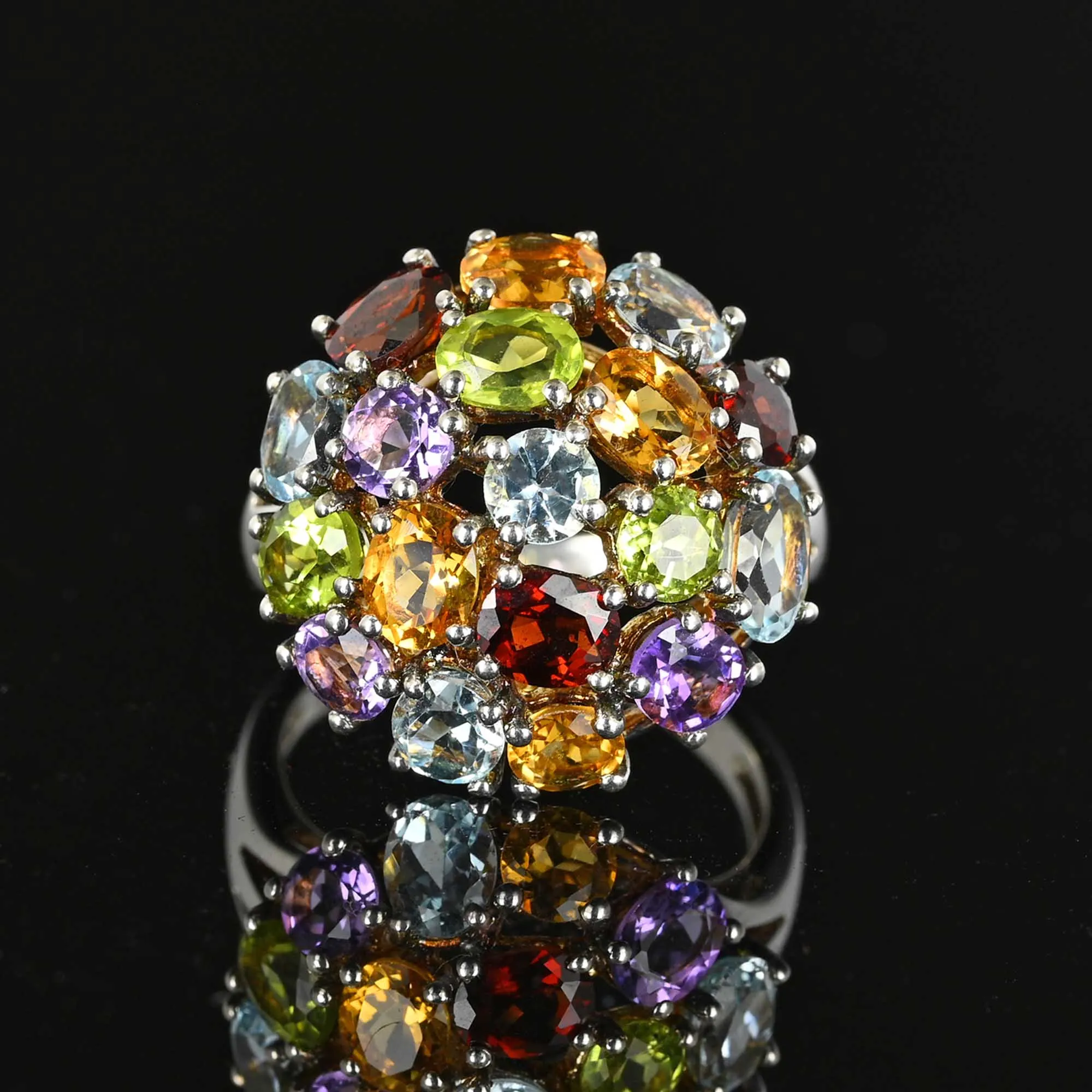 Vintage Multi Gemstone Cluster Dome Ring in Silver