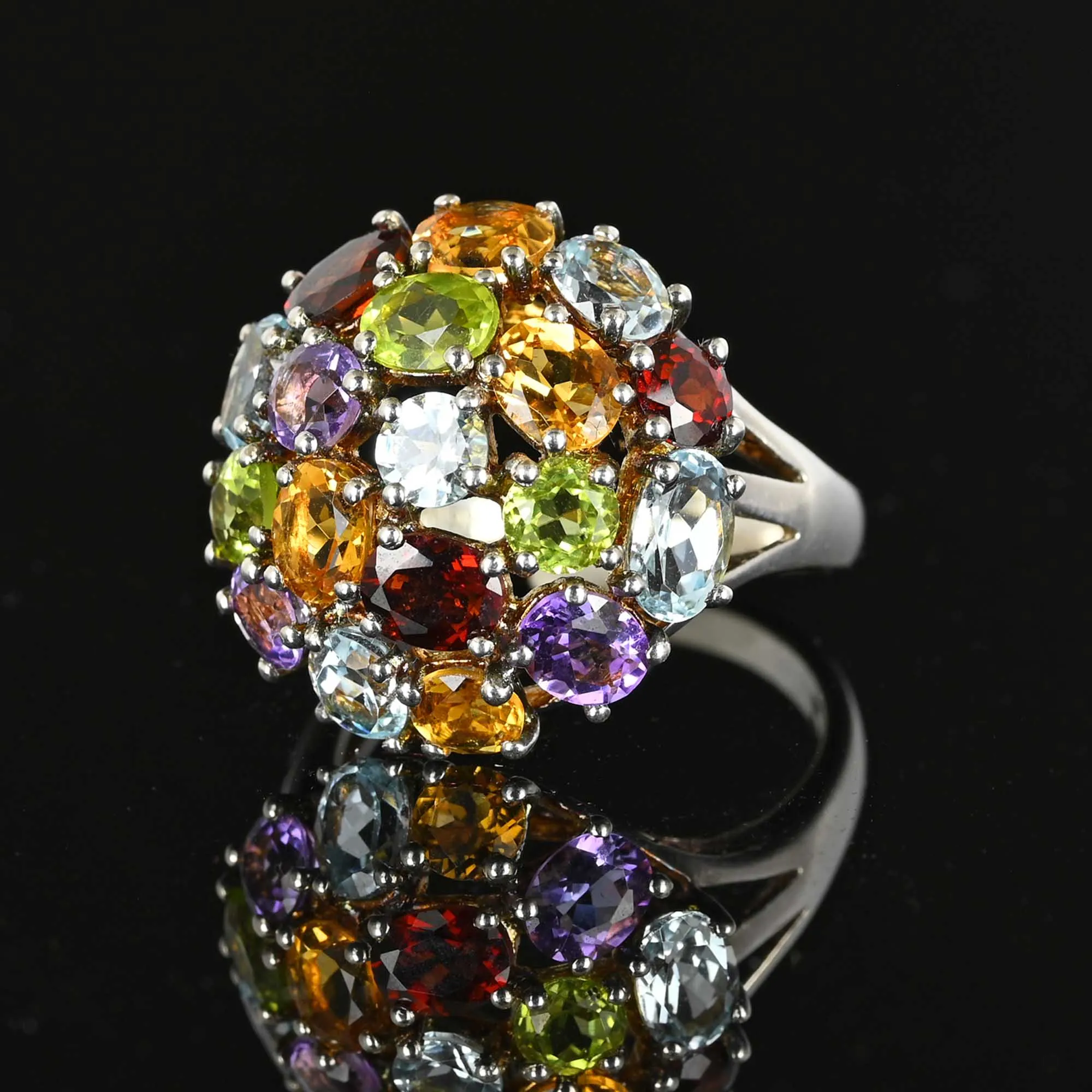 Vintage Multi Gemstone Cluster Dome Ring in Silver