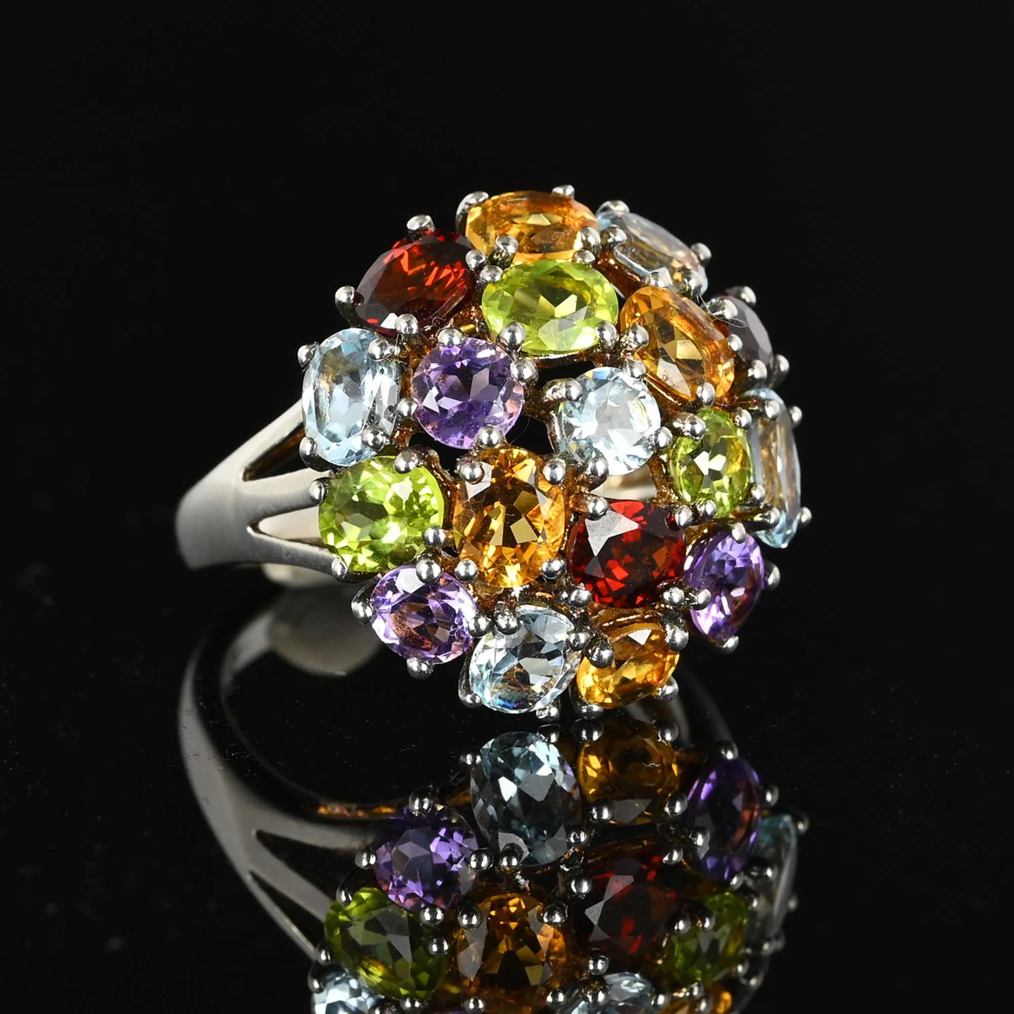 Vintage Multi Gemstone Cluster Dome Ring in Silver