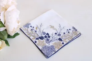 Vintage  Navy Blue and Gold Leaf Pattern Handkerchief