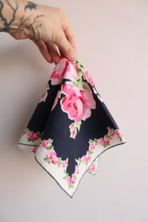 Vintage Navy Blue and Pink Roses Handkerchief