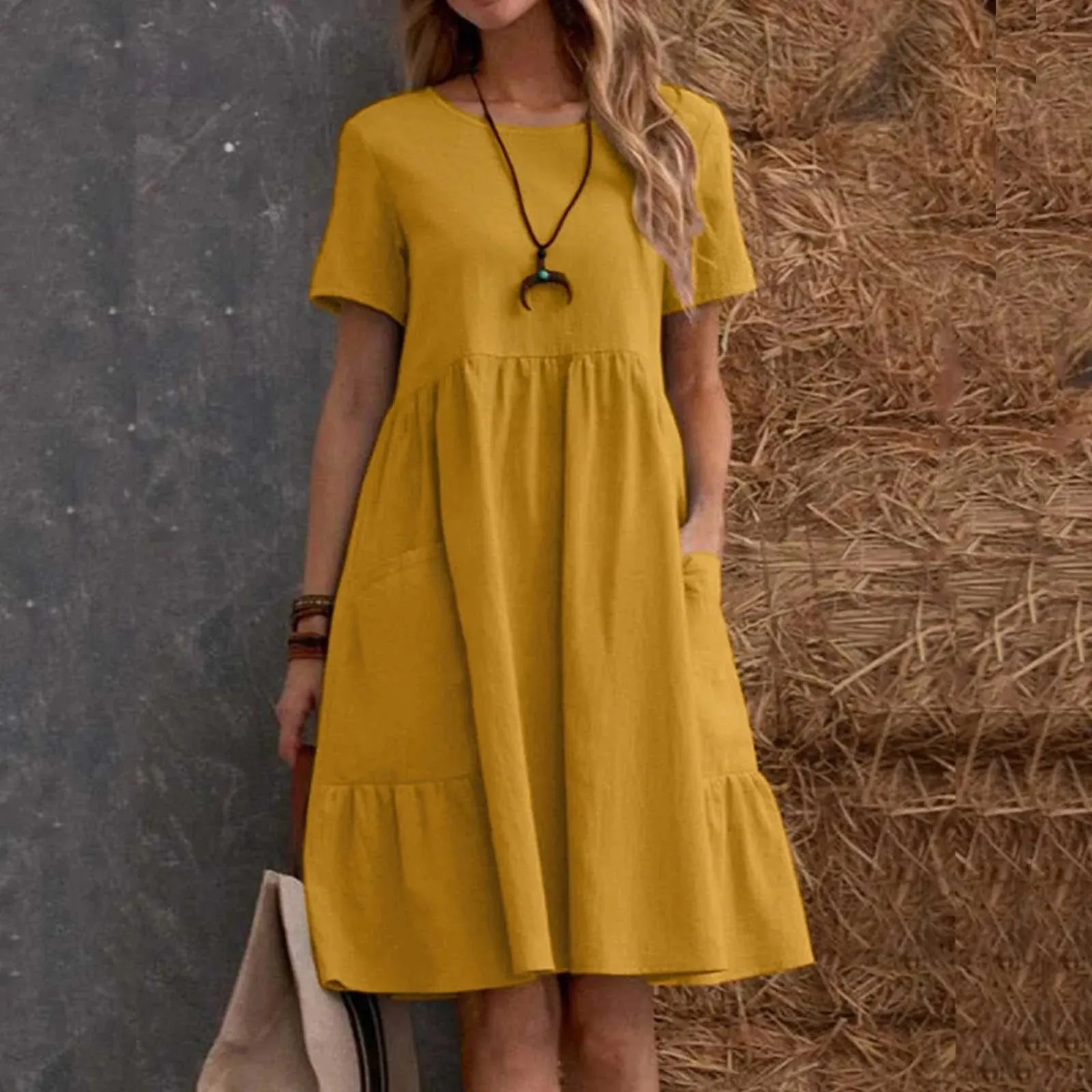 Vintage O-Neck Half Sleeve Mid-Calf Length Relaxed Effortless Casual Solid Dress