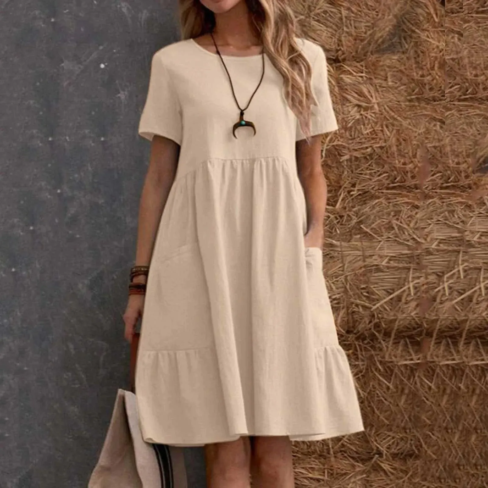 Vintage O-Neck Half Sleeve Mid-Calf Length Relaxed Effortless Casual Solid Dress