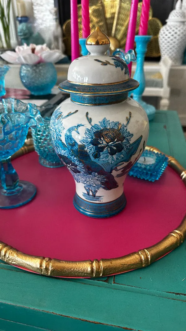 Vintage Oriental Ginger Jar, Blue, White, Gold, Signed, Imari Style