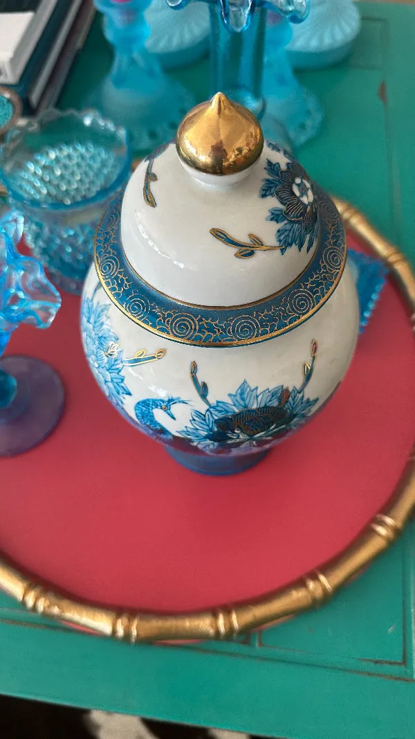 Vintage Oriental Ginger Jar, Blue, White, Gold, Signed, Imari Style