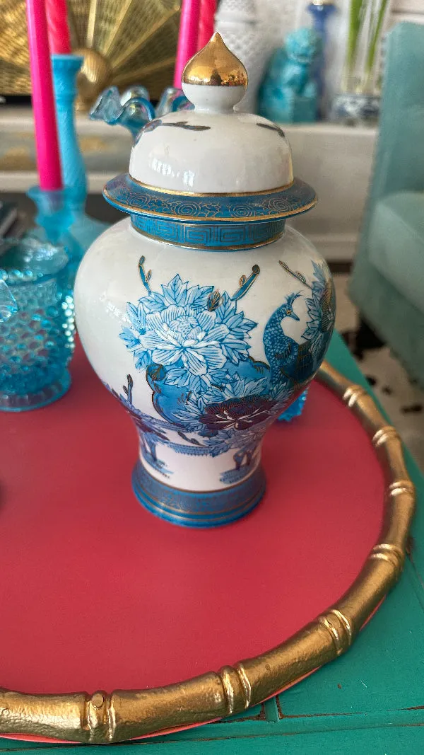 Vintage Oriental Ginger Jar, Blue, White, Gold, Signed, Imari Style