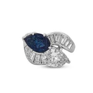 Vintage Pear Shaped Diamond & Pear Shaped Sapphire Bypass Cocktail Ring in Platinum