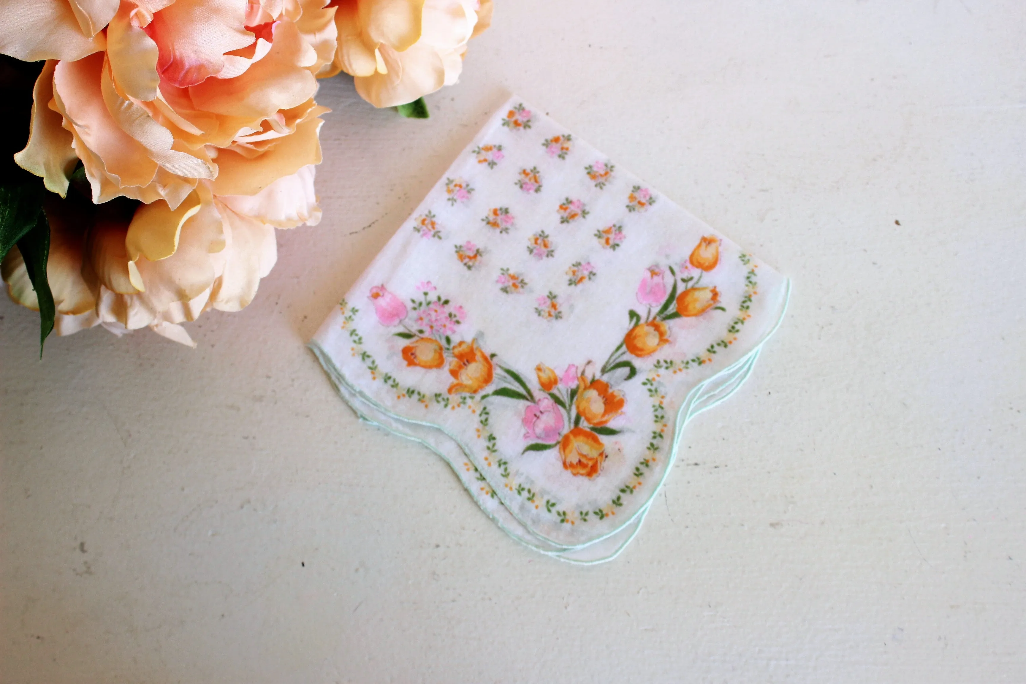 Vintage Pink and Peach Floral Cotton Hanky