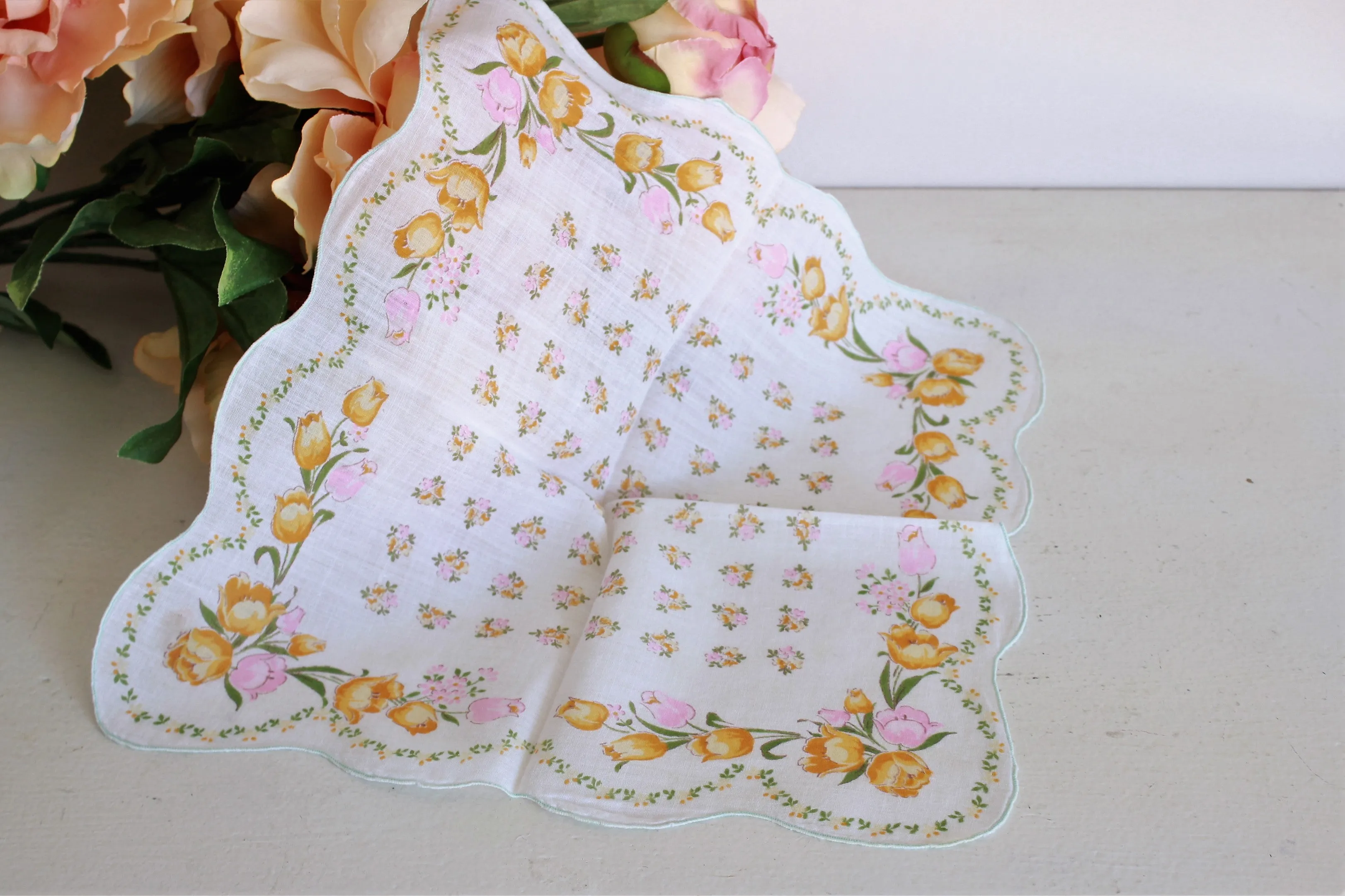 Vintage Pink and Peach Floral Cotton Hanky