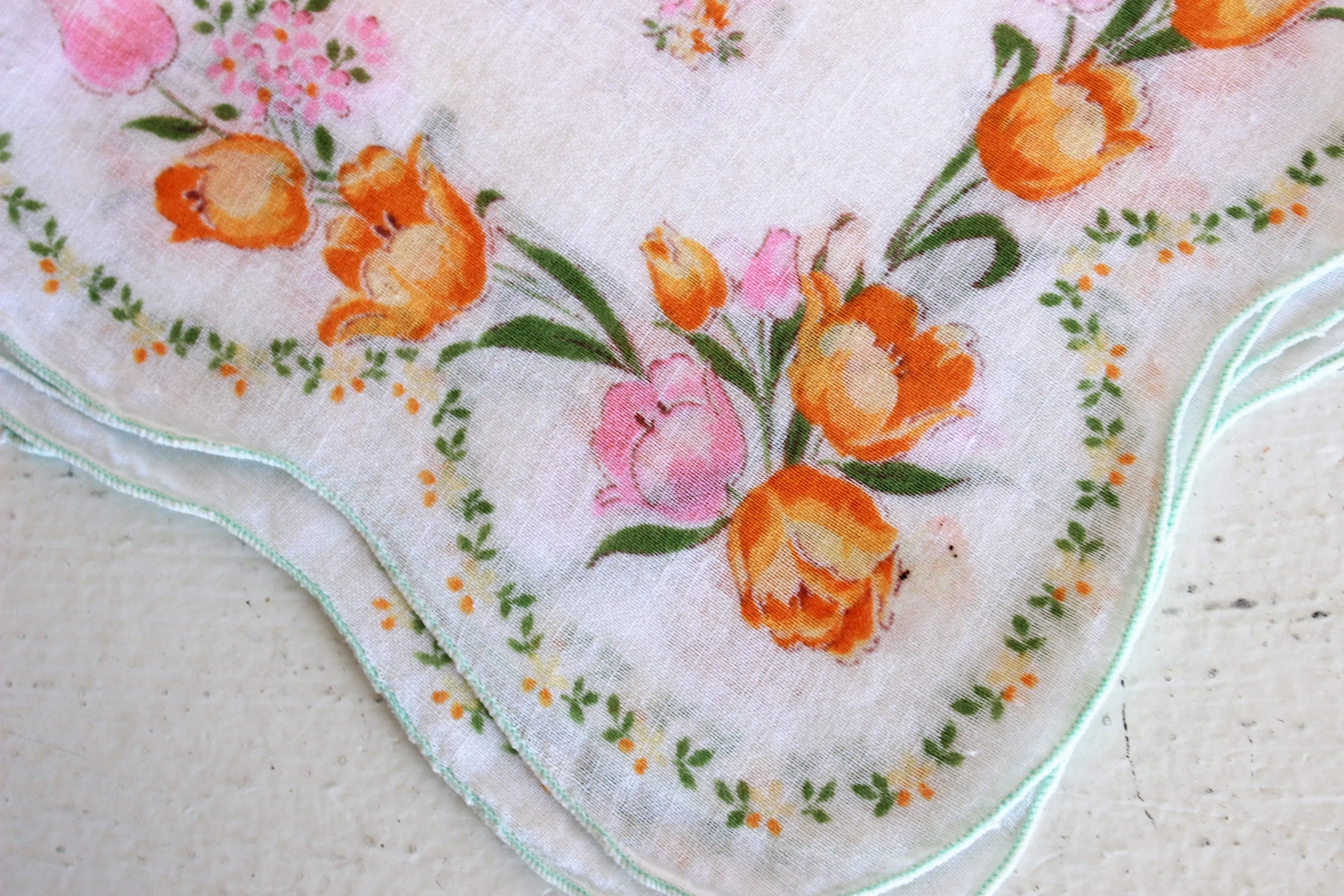 Vintage Pink and Peach Floral Cotton Hanky