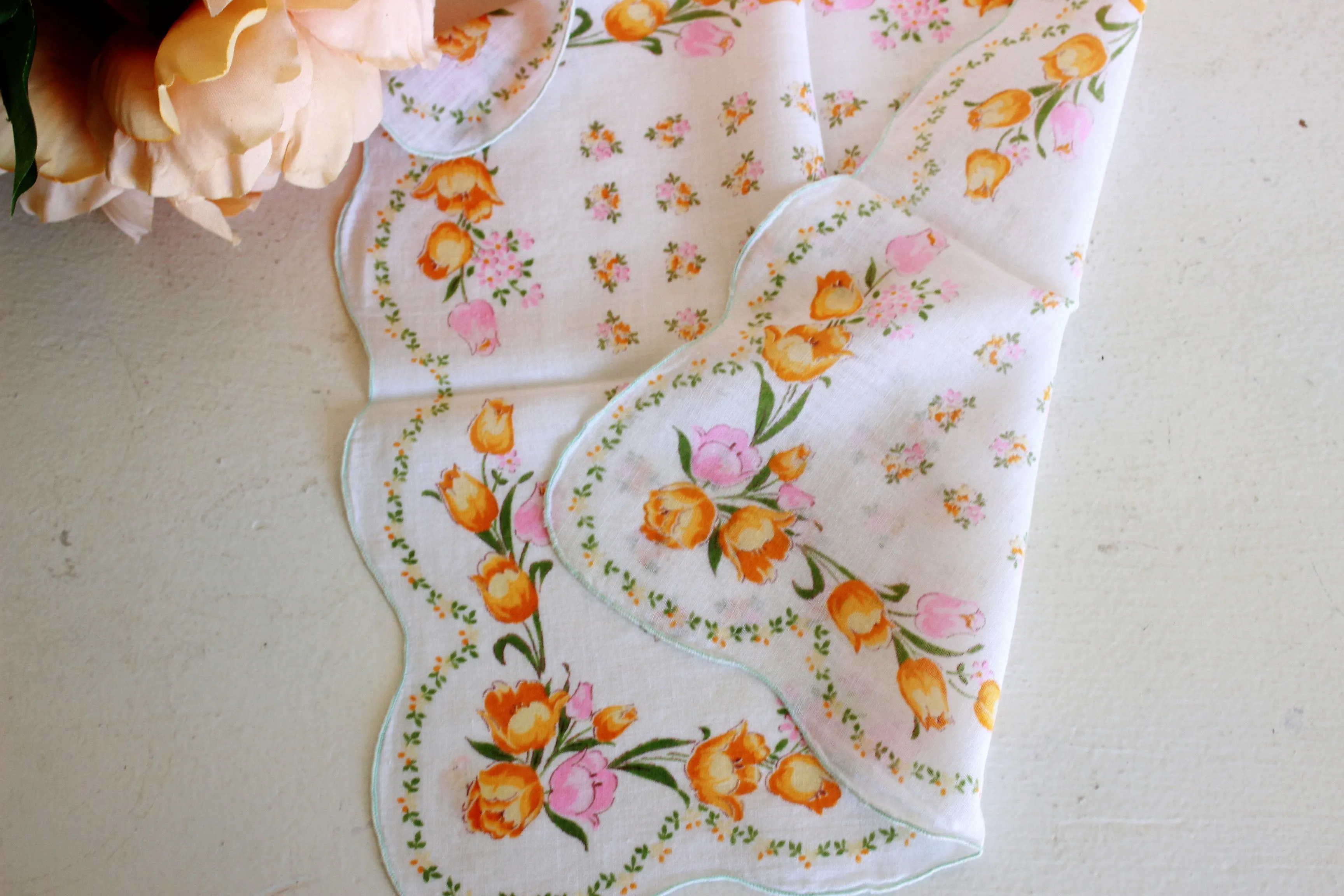 Vintage Pink and Peach Floral Cotton Hanky