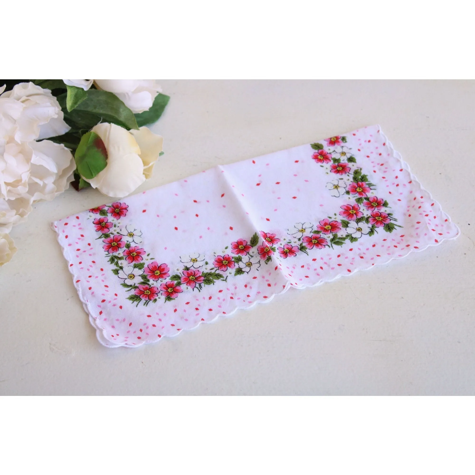 Vintage Pink and White Flower Print Cotton Hanky