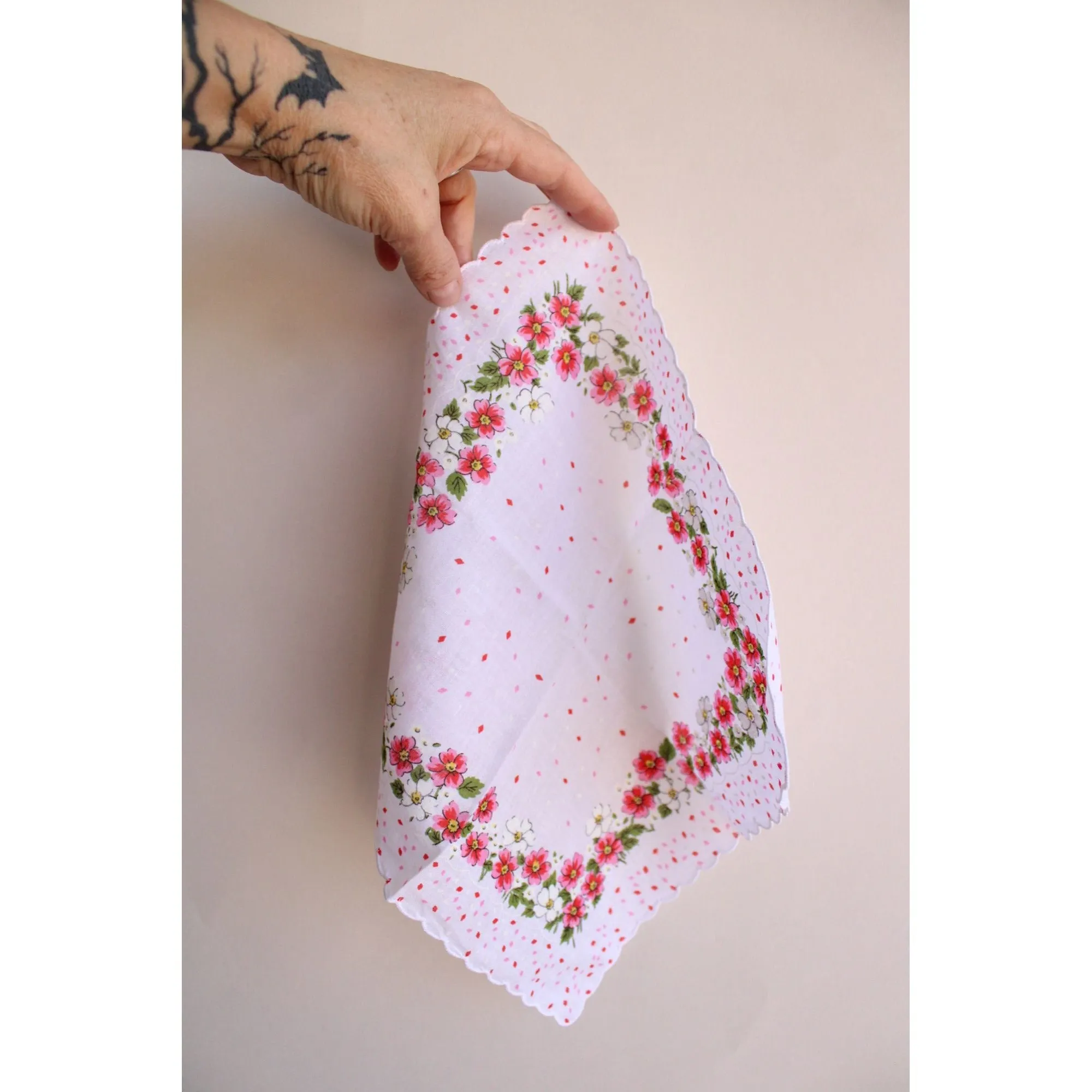 Vintage Pink and White Flower Print Cotton Hanky