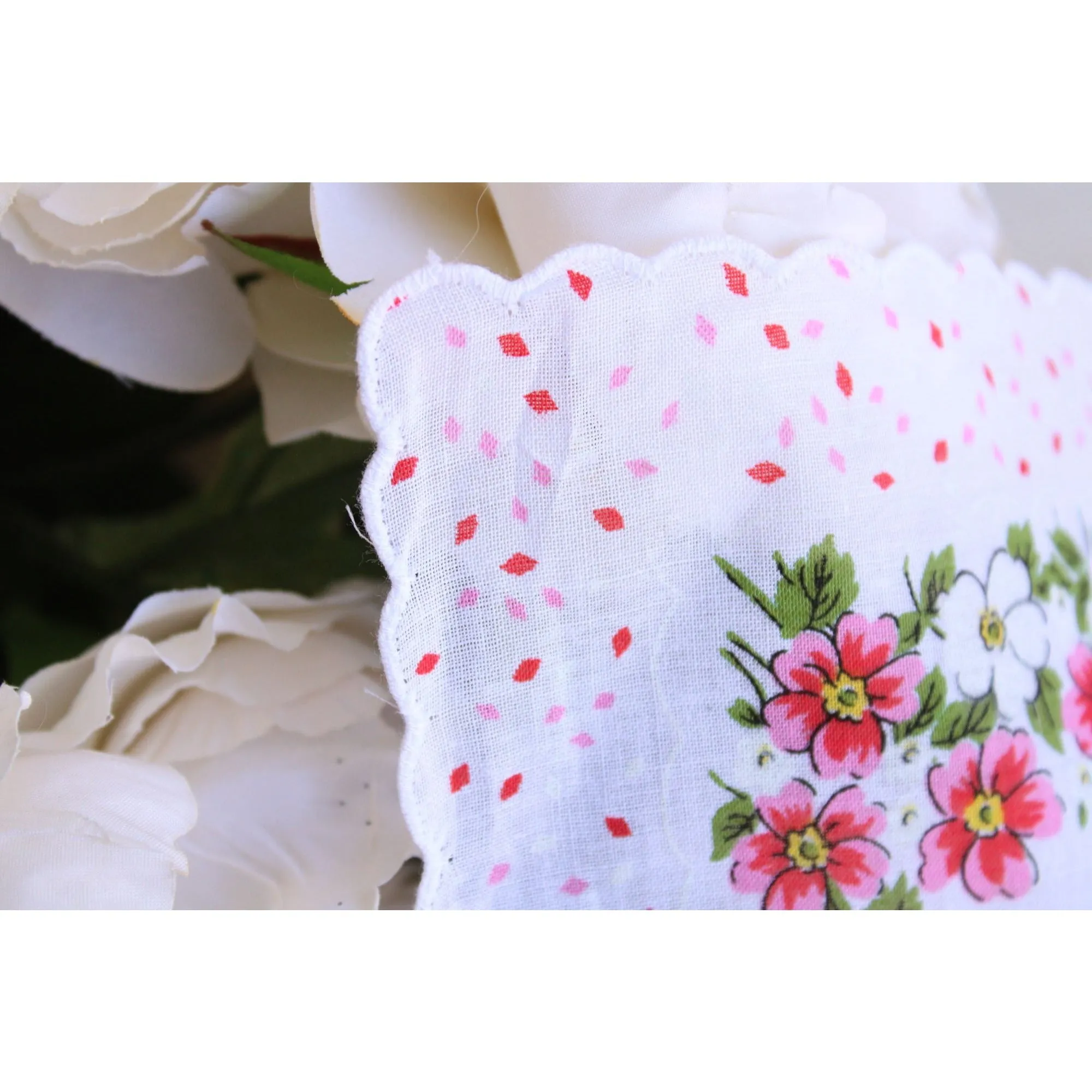 Vintage Pink and White Flower Print Cotton Hanky