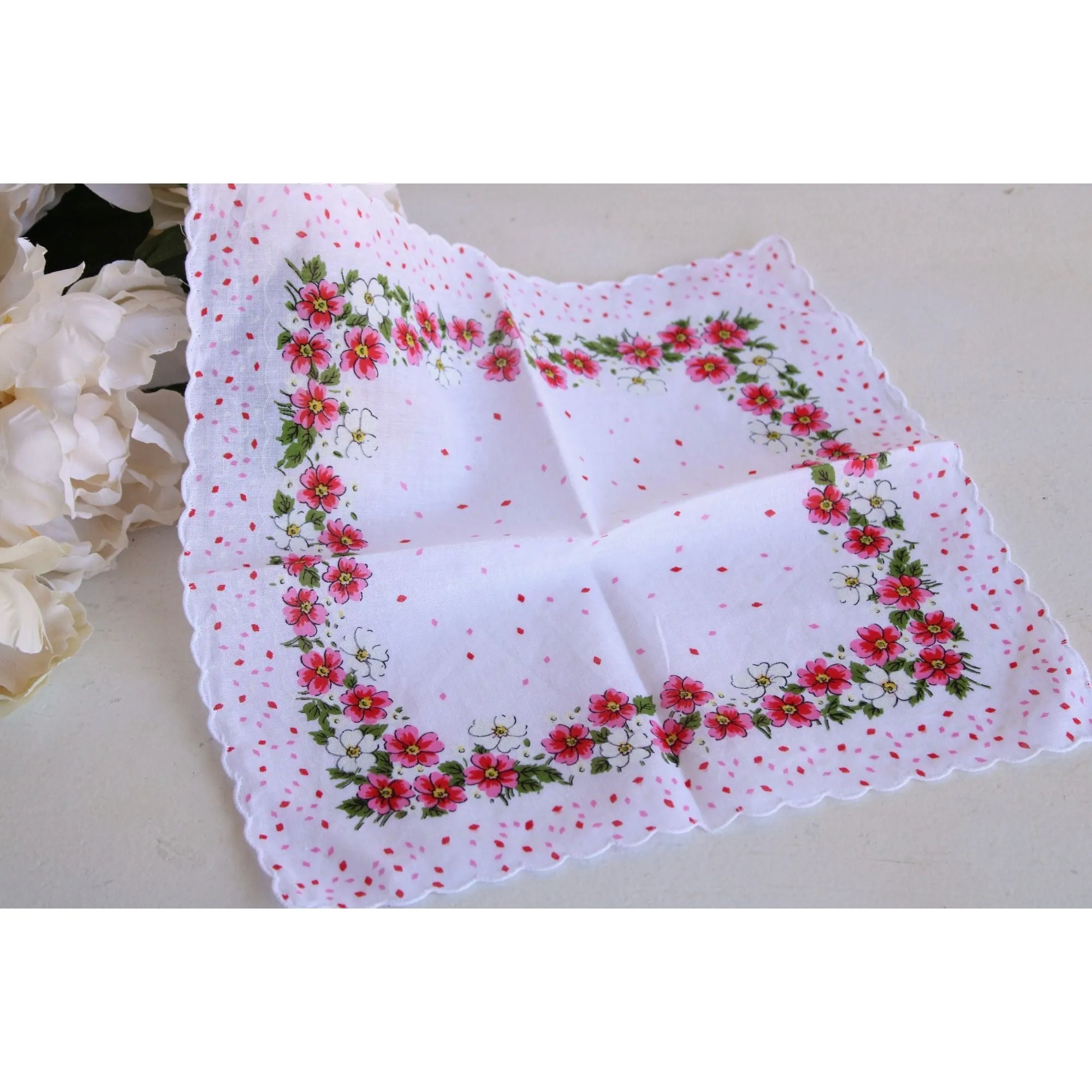 Vintage Pink and White Flower Print Cotton Hanky