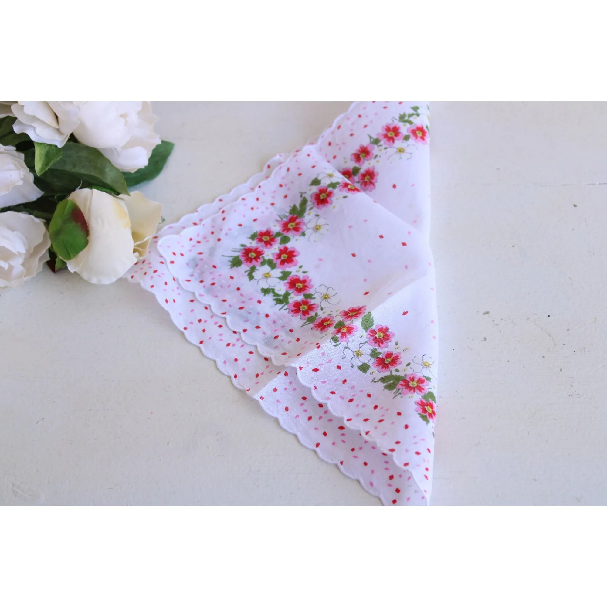 Vintage Pink and White Flower Print Cotton Hanky