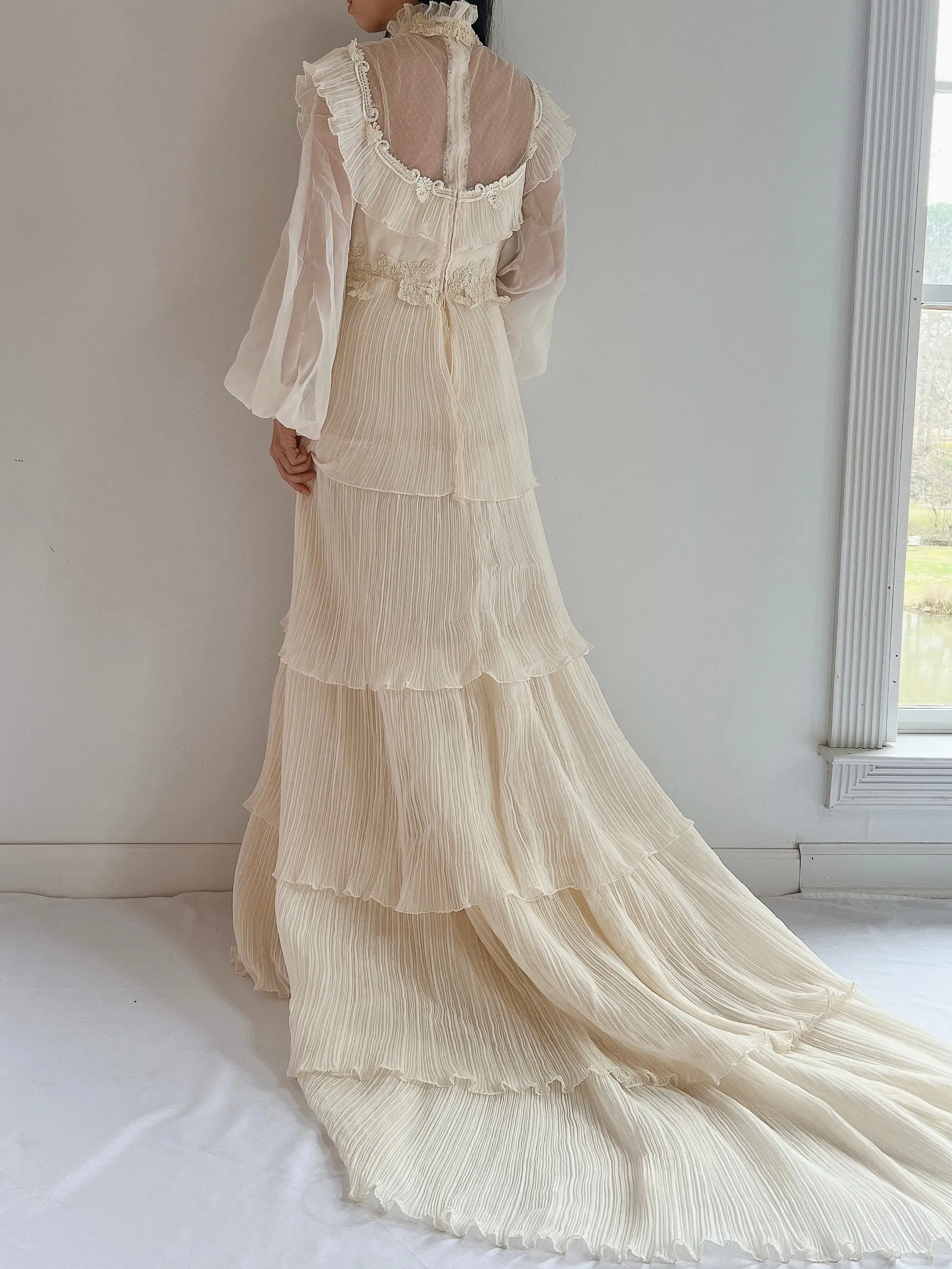 Vintage Pleated Chiffon Gown - M