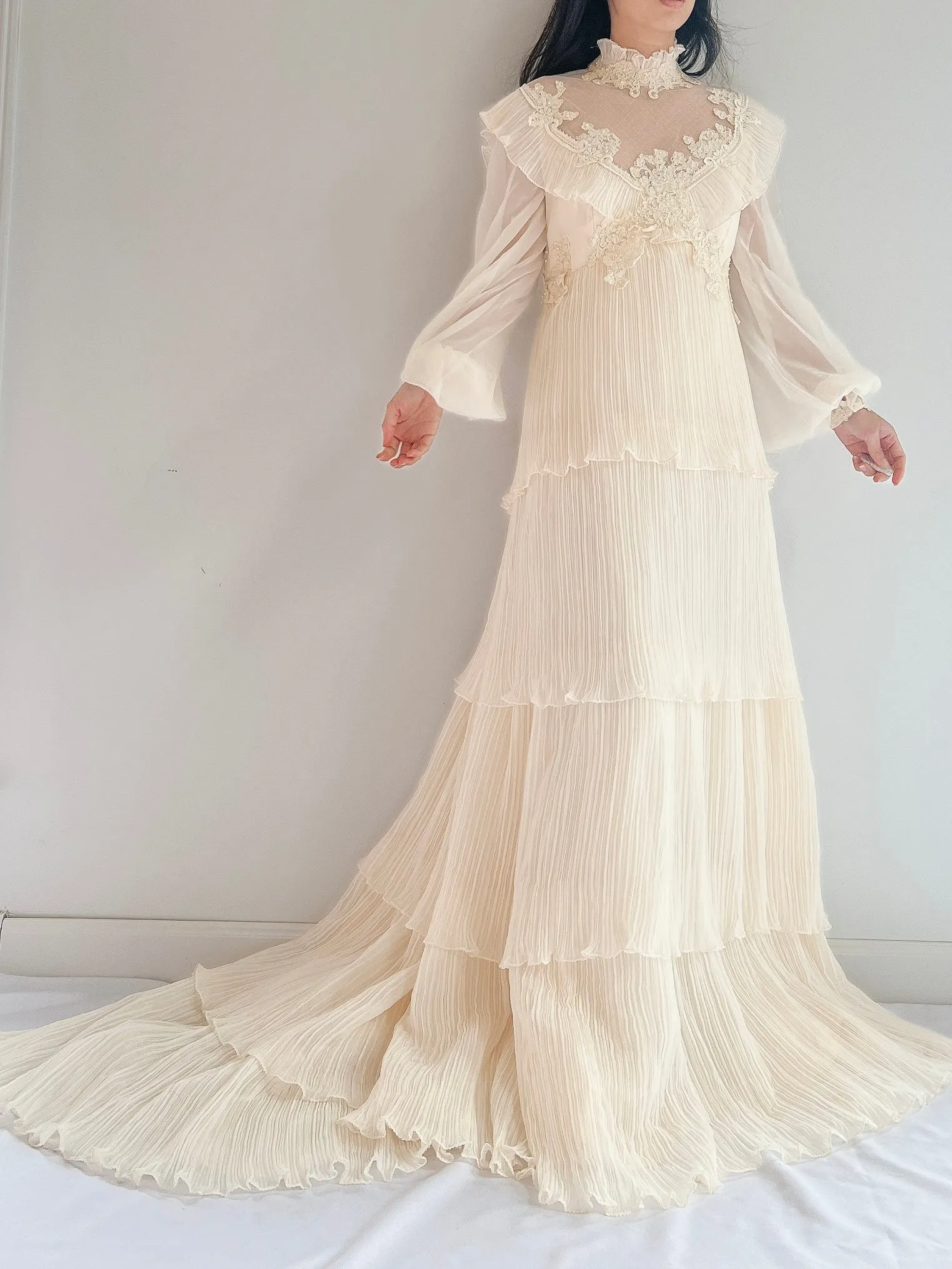 Vintage Pleated Chiffon Gown - M