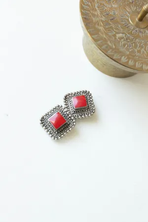 Vintage Red and Silver Scalloped Clip-On Earrings