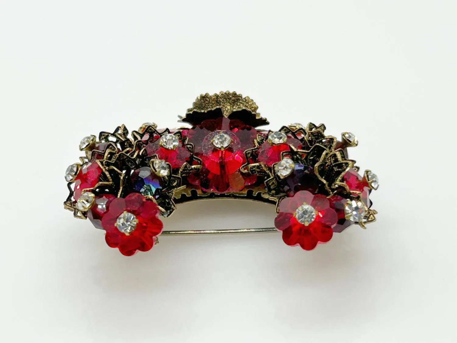 Vintage Red Faceted Red Stone Floral Brooch and Earring Set