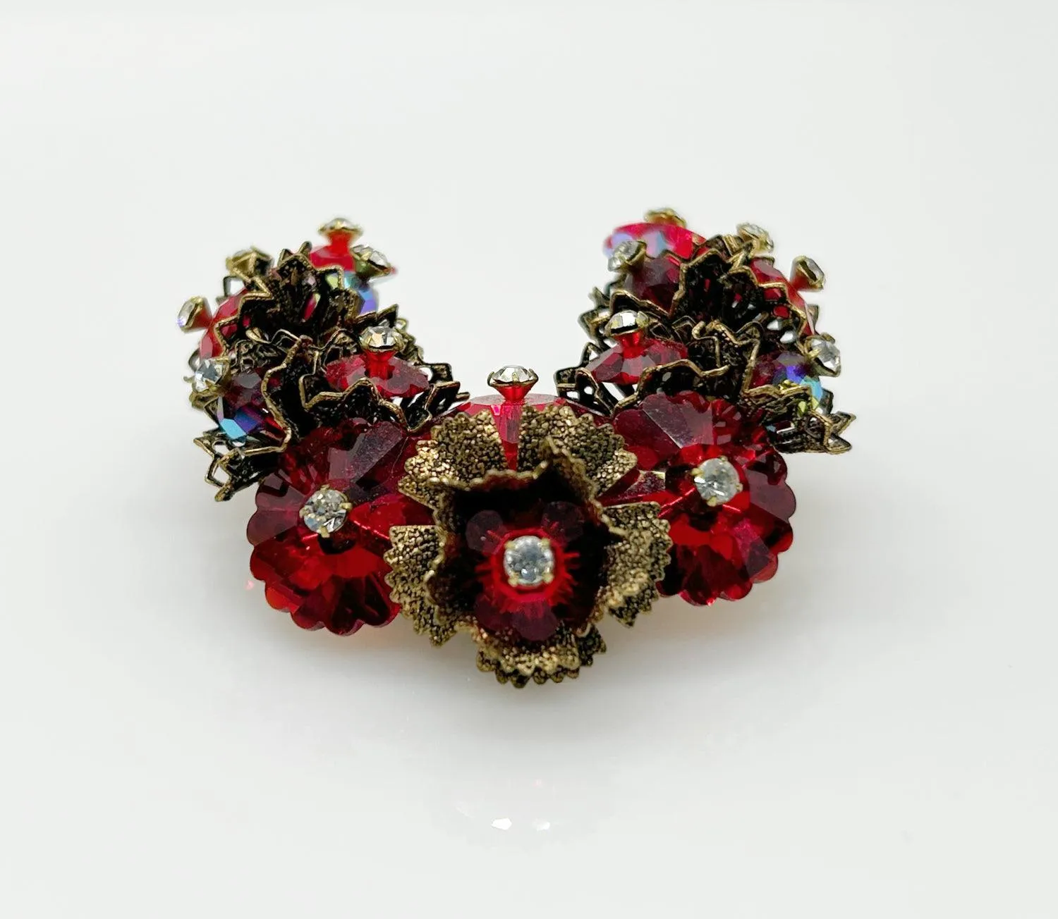 Vintage Red Faceted Red Stone Floral Brooch and Earring Set