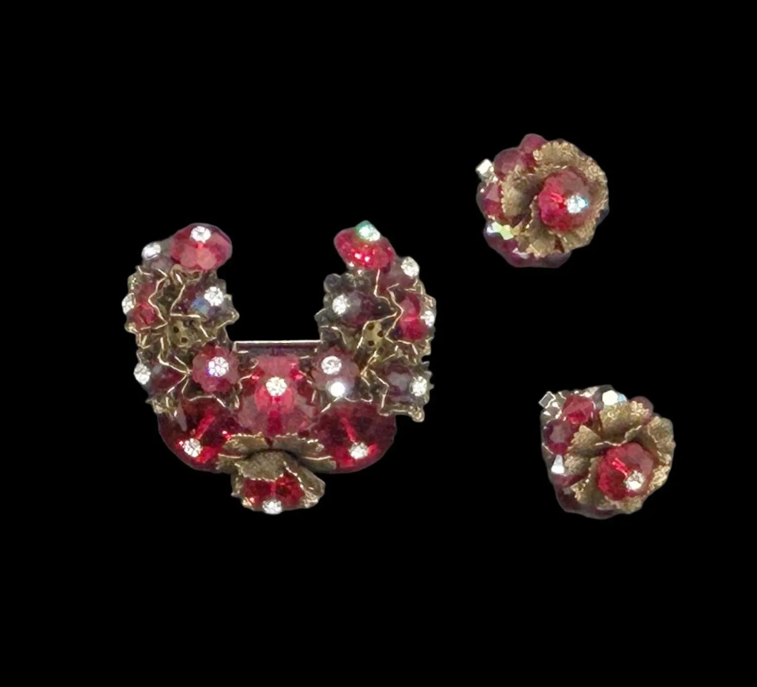 Vintage Red Faceted Red Stone Floral Brooch and Earring Set