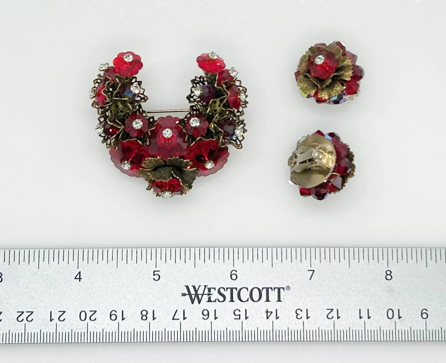 Vintage Red Faceted Red Stone Floral Brooch and Earring Set