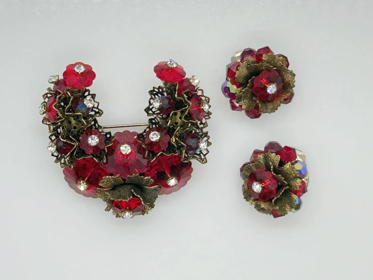 Vintage Red Faceted Red Stone Floral Brooch and Earring Set