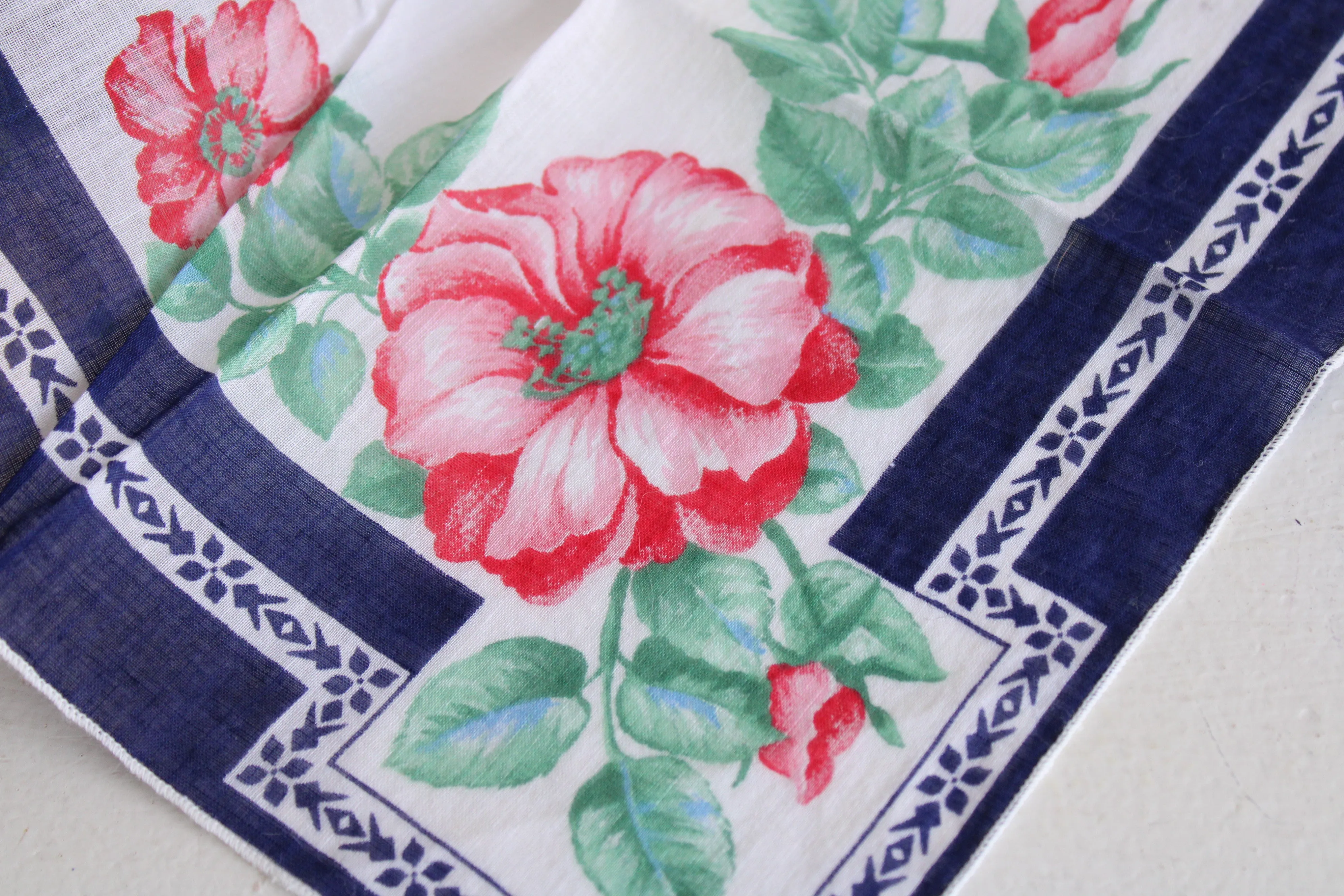 Vintage Red Roses on Navy Blue Hankie