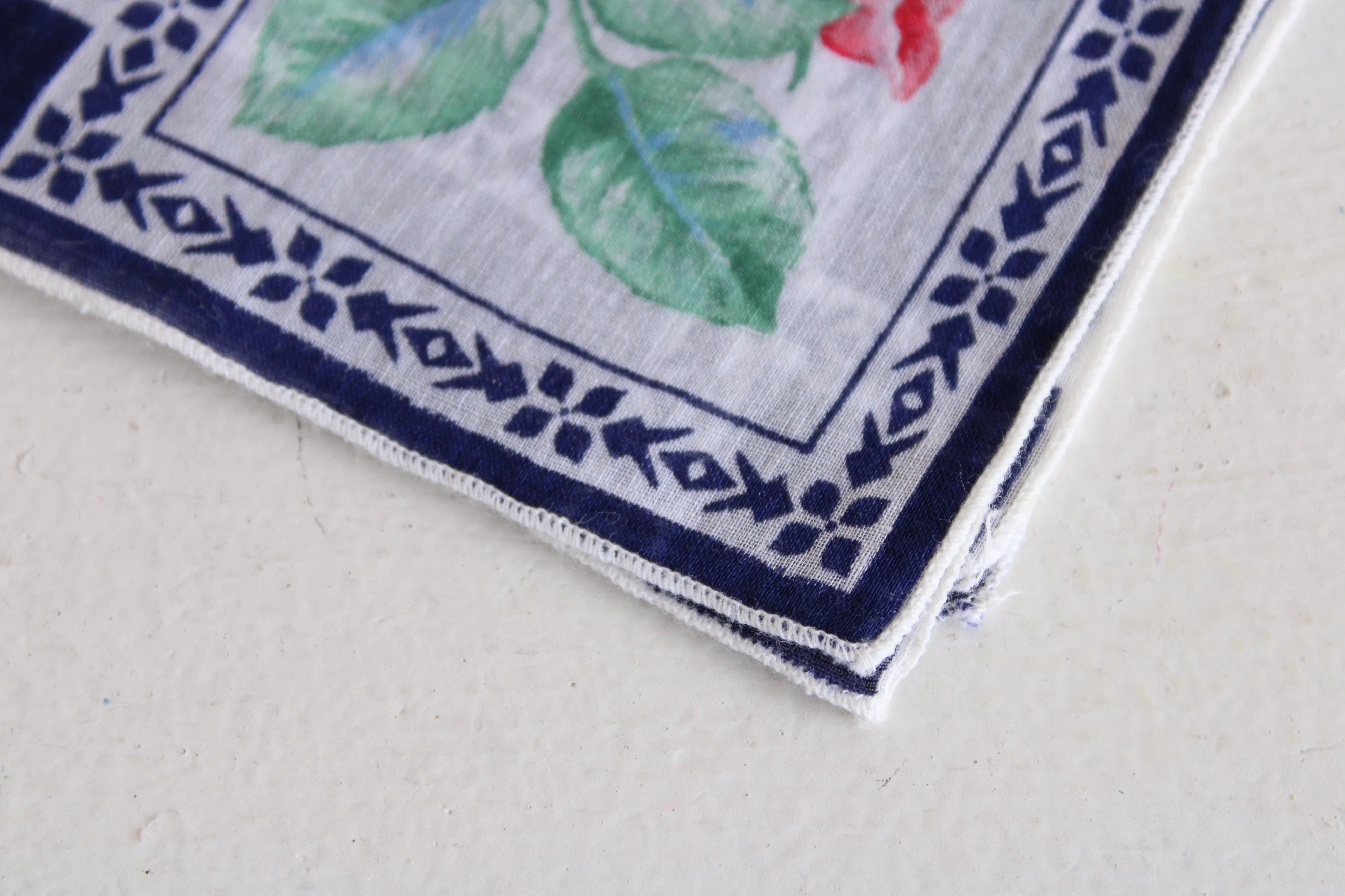 Vintage Red Roses on Navy Blue Hankie