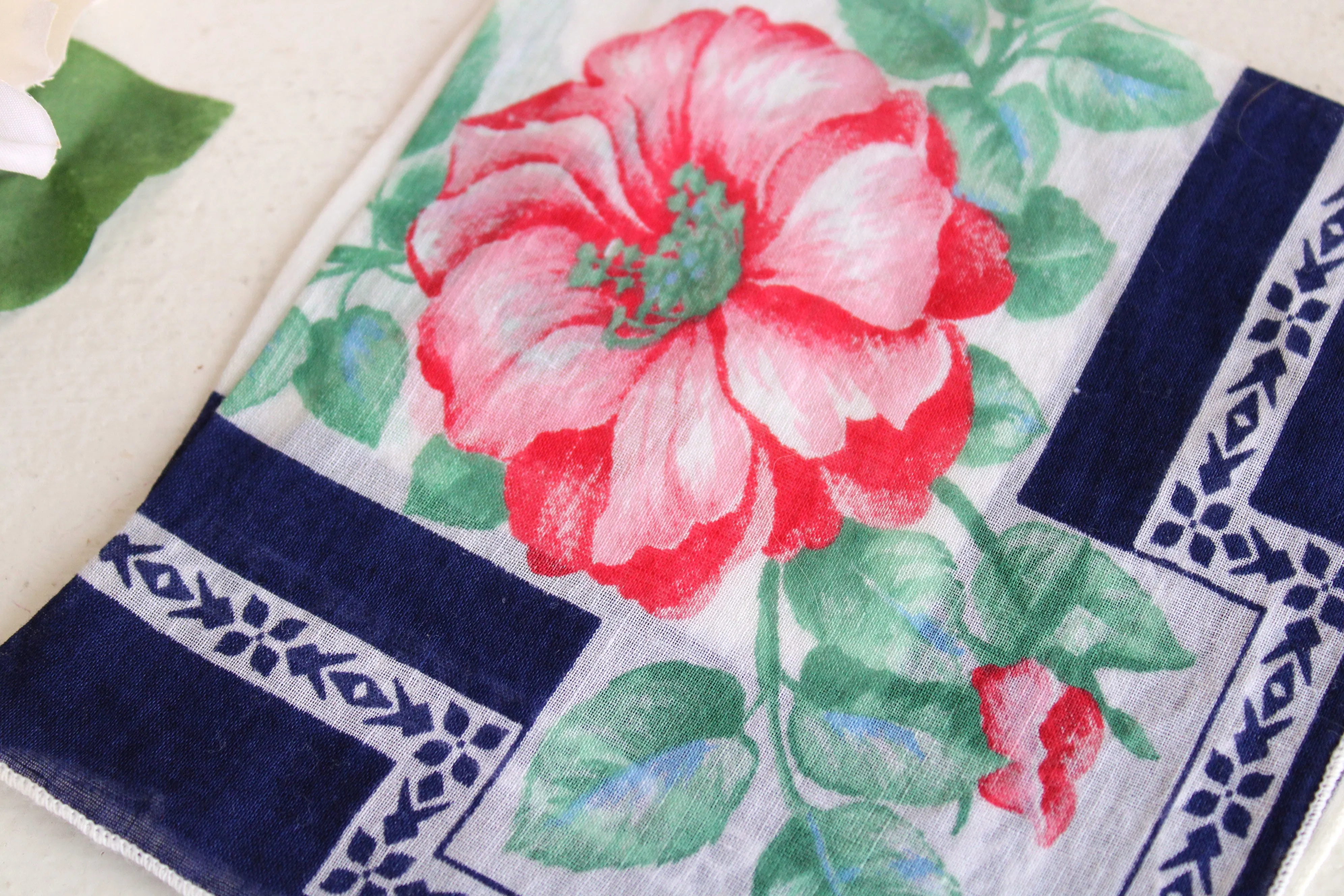 Vintage Red Roses on Navy Blue Hankie