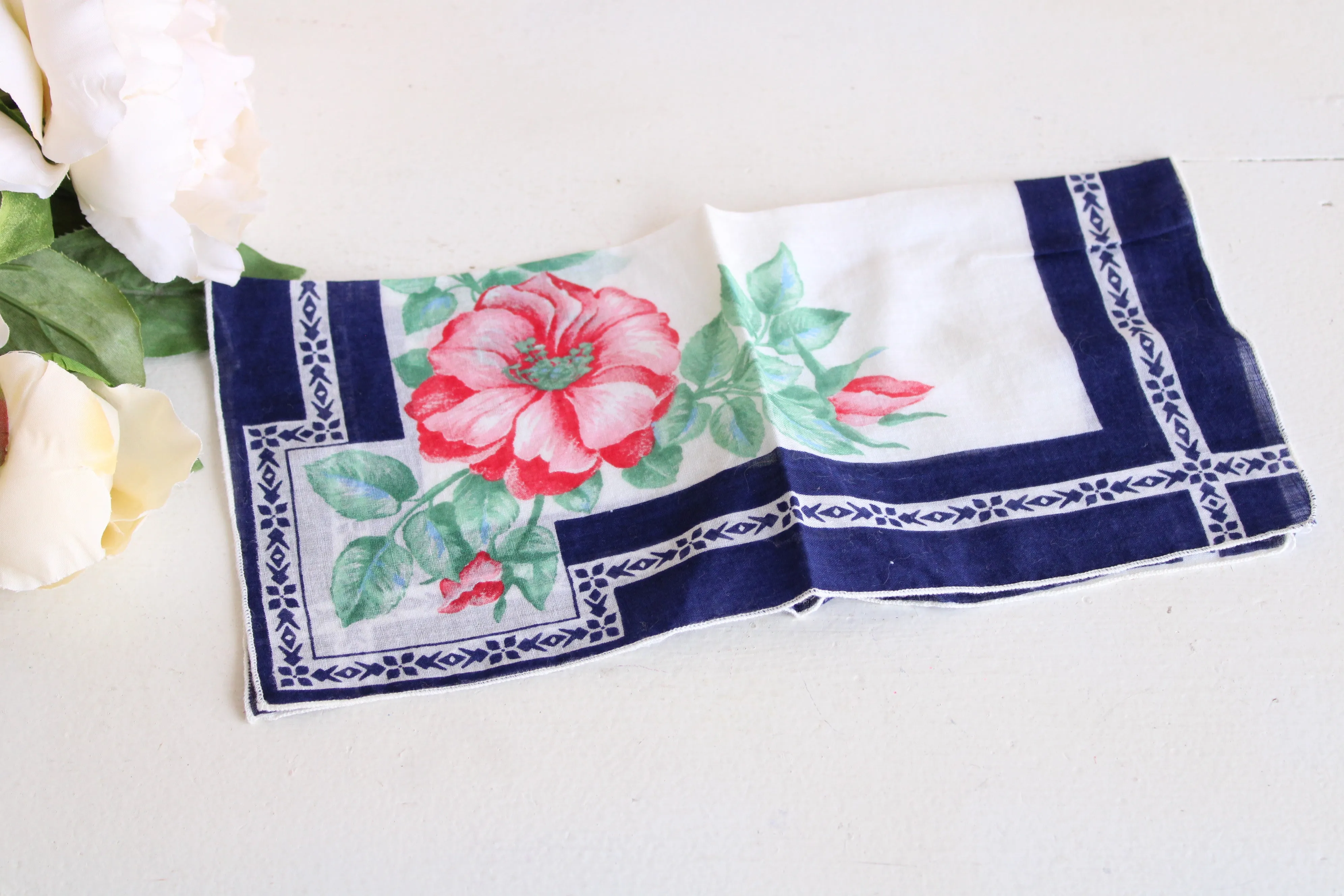 Vintage Red Roses on Navy Blue Hankie