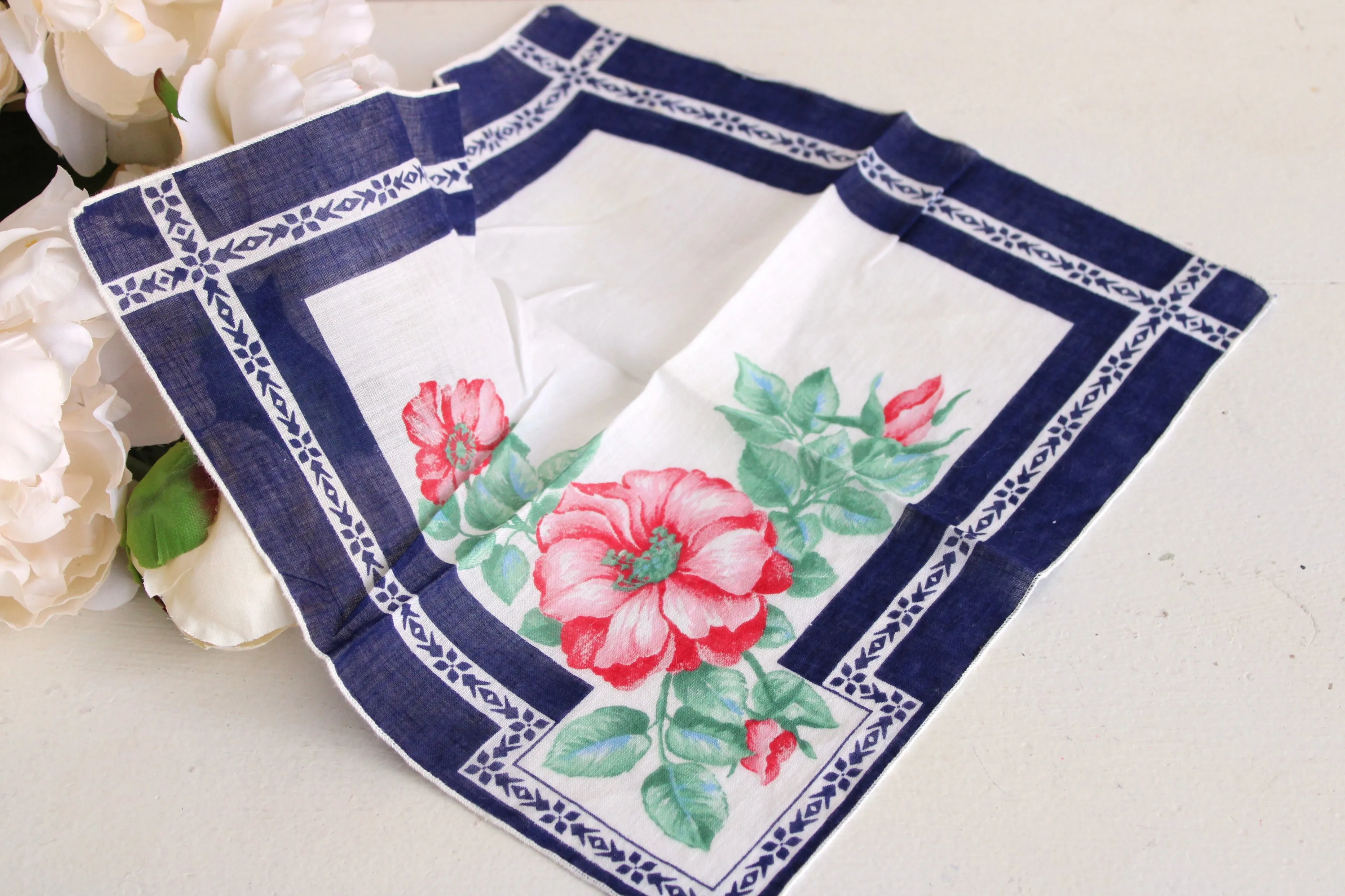 Vintage Red Roses on Navy Blue Hankie