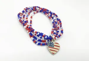 Vintage Red, White and Blue Beaded Bracelet with American Flag Charm