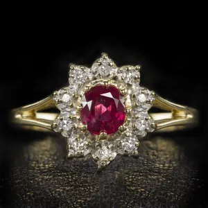 VINTAGE RUBY DIAMOND COCKTAIL RING OVAL HALO 14k YELLOW GOLD NATURAL ESTATE