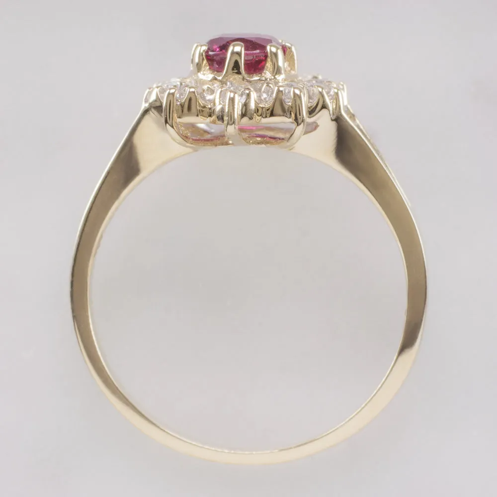 VINTAGE RUBY DIAMOND COCKTAIL RING OVAL HALO 14k YELLOW GOLD NATURAL ESTATE